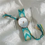 Jam Tangan Kuarsa Wanita Wajah Senyum Bulat Boho Kanvas Tali Tenun Jam Tangan Fashion - Image 2